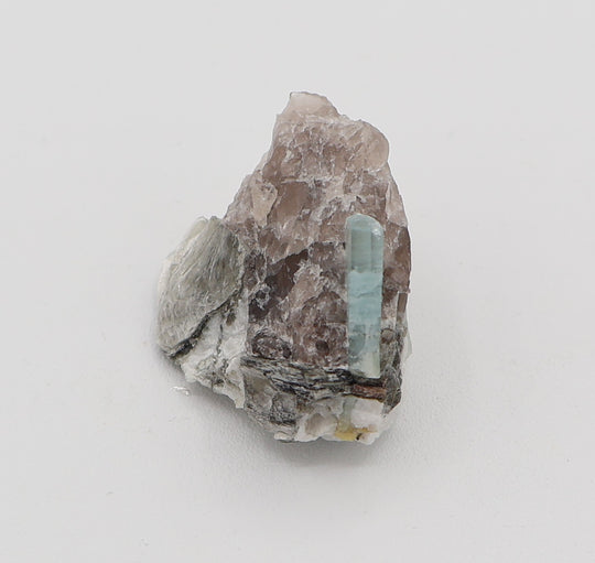 Aquamarine with Mica on Smoky Quartz and Feldspar