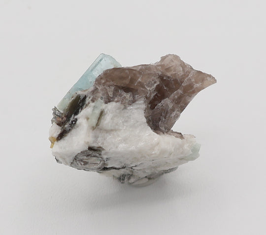 Aquamarine with Mica on Smoky Quartz and Feldspar