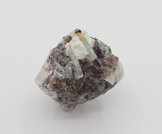 Heliodor Capped Aquamarine with Hematite, Mica, on Smoky Quartz and Feldspar