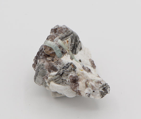 Aquamarine with Mica on Smoky Quartz and Feldspar