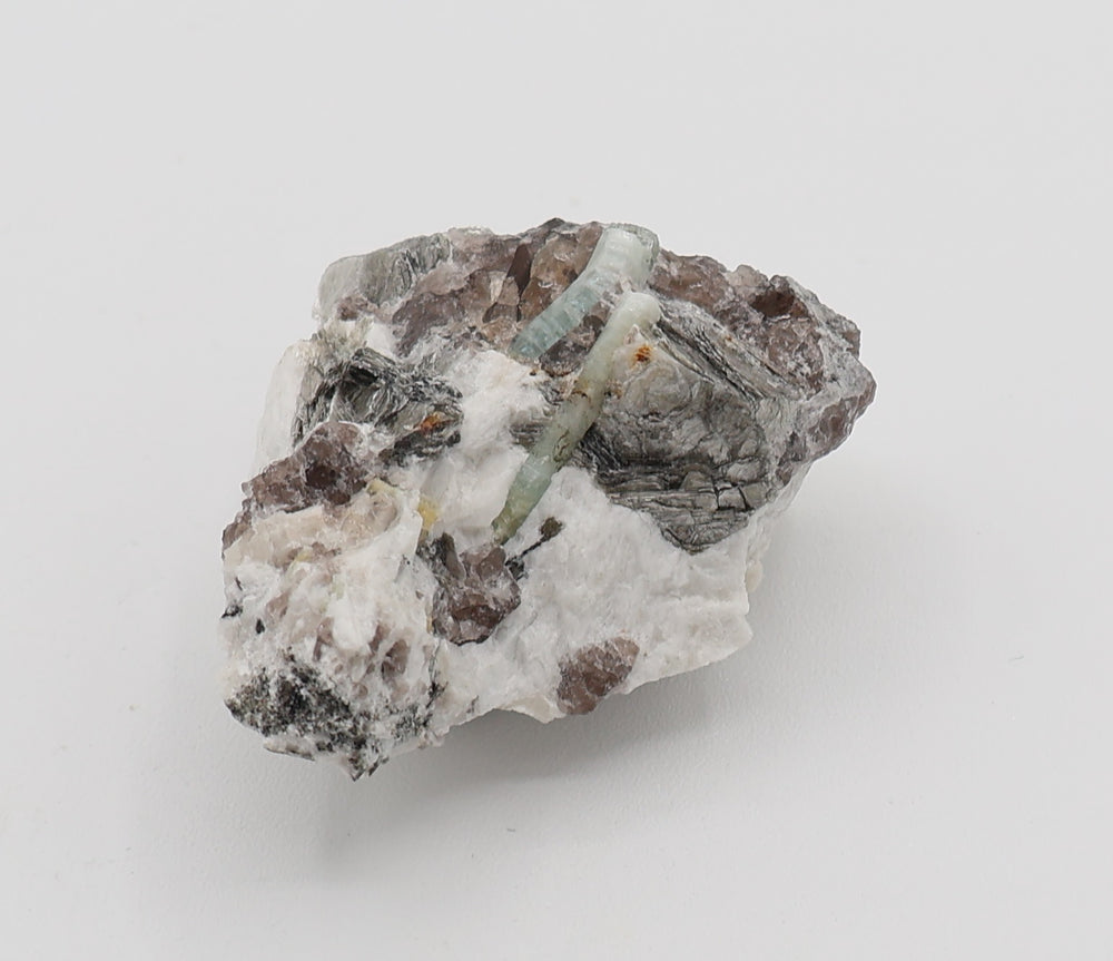 Aquamarine with Mica on Smoky Quartz and Feldspar