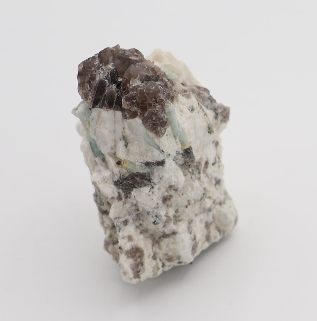 Bi-Colour Beryl Cluster with Mica on Smoky Quartz and Feldspar